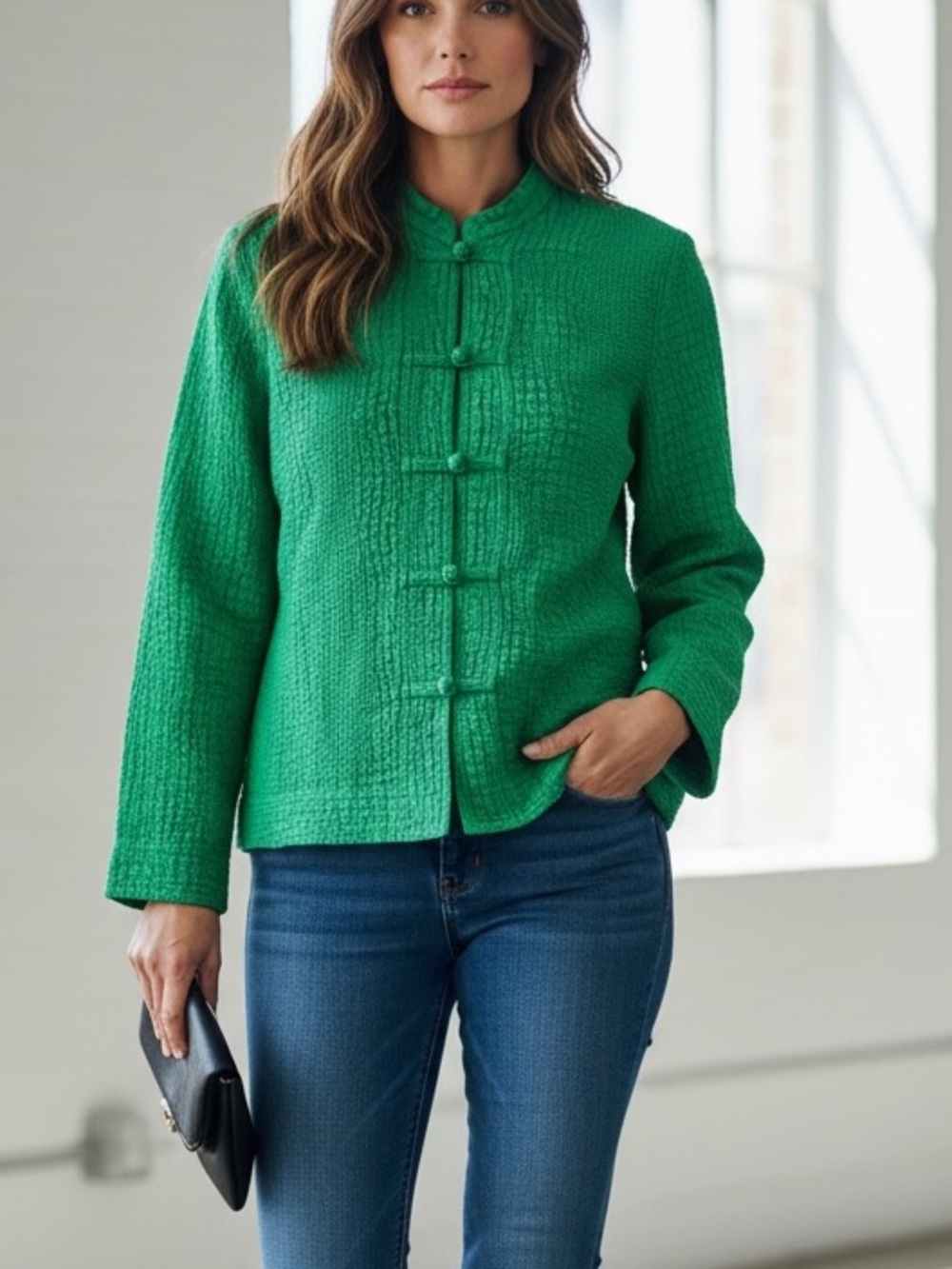 Chico’s Green Silk Quilted Mandarin Collar Frog Closure Jacket Size 1 M